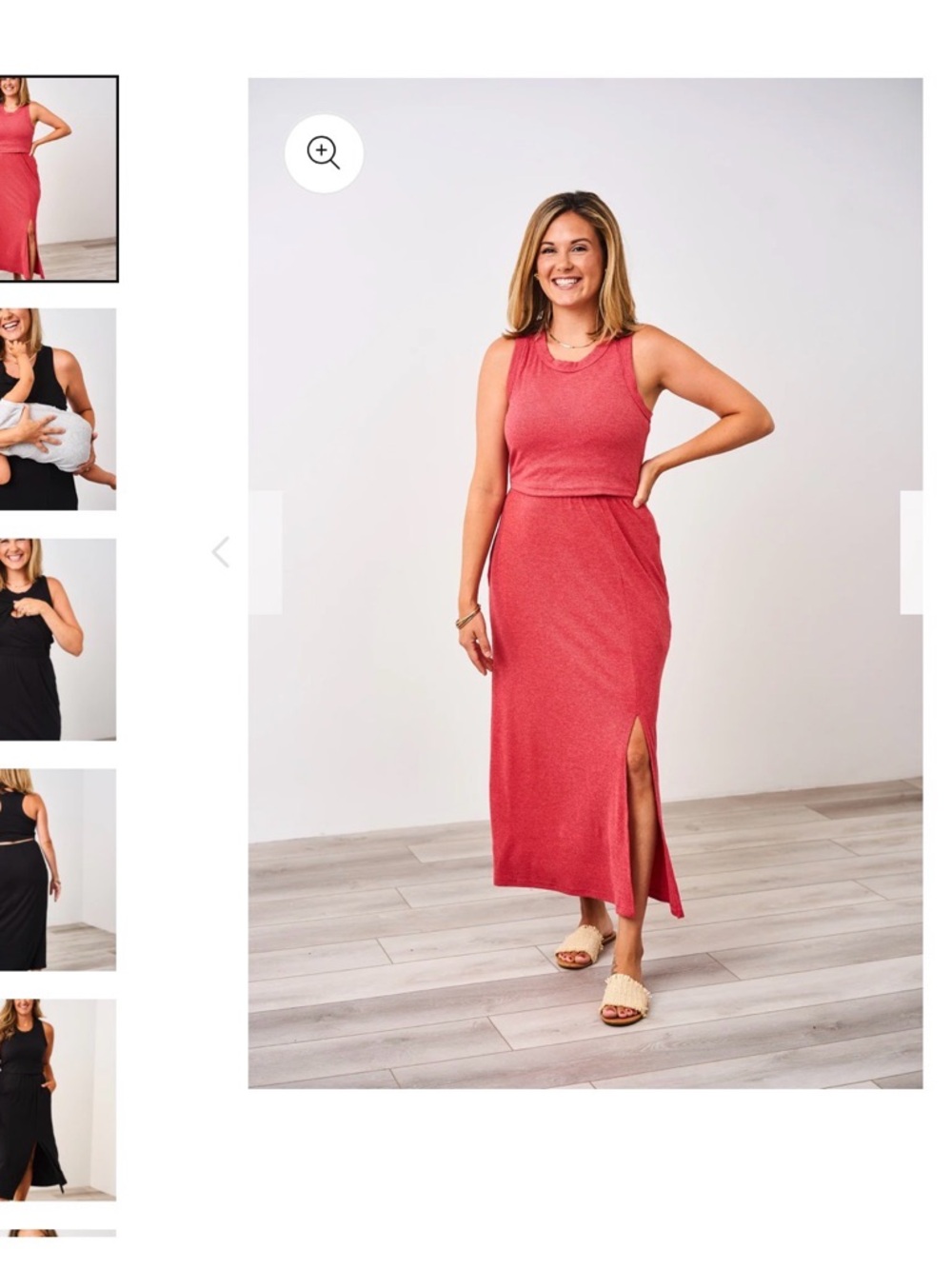 Latched Mama Ribbed Midi Dress in Coral with Side Slit Nursing Friendly